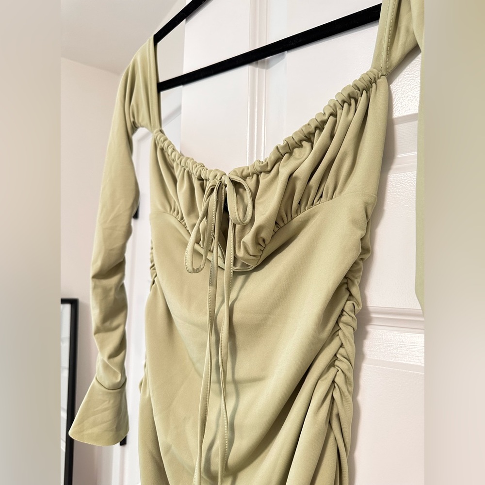 Green women’s mini ruched sleeve dress night out